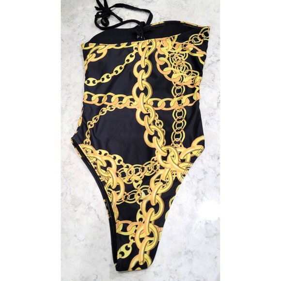 Chain Print Black & Gold One-Piece Swimsuit with Halter Tie & Lace Up Front S - Picture 6 of 7